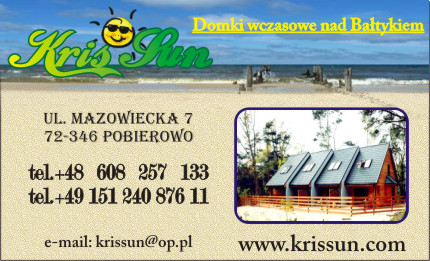 Wizytówka firmy z Wolina oferującej domki wczasowe, z grafiką przedstawiającą morze i domki letniskowe.